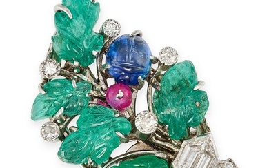 A VINTAGE DIAMOND, EMERALD, SAPPHIRE AND RUBY TUTTI FRUTTI CLIP BROOCH designed as a leaf set with