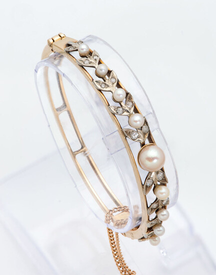 A Victorian 15K Two Tone Gold Pearls and Diamond Bangle