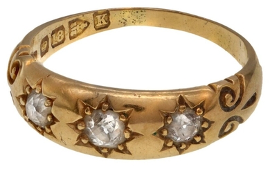 A Victorian Diamond Gypsy Ring The 18K yellow gold band mounted with three round cut diamonds i...
