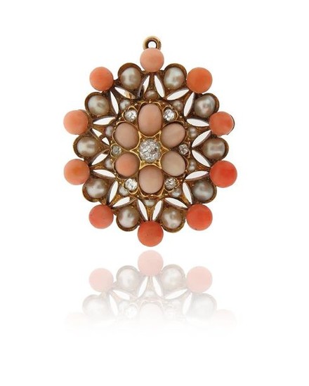 λ A Victorian coral and diamond brooch pendant,...