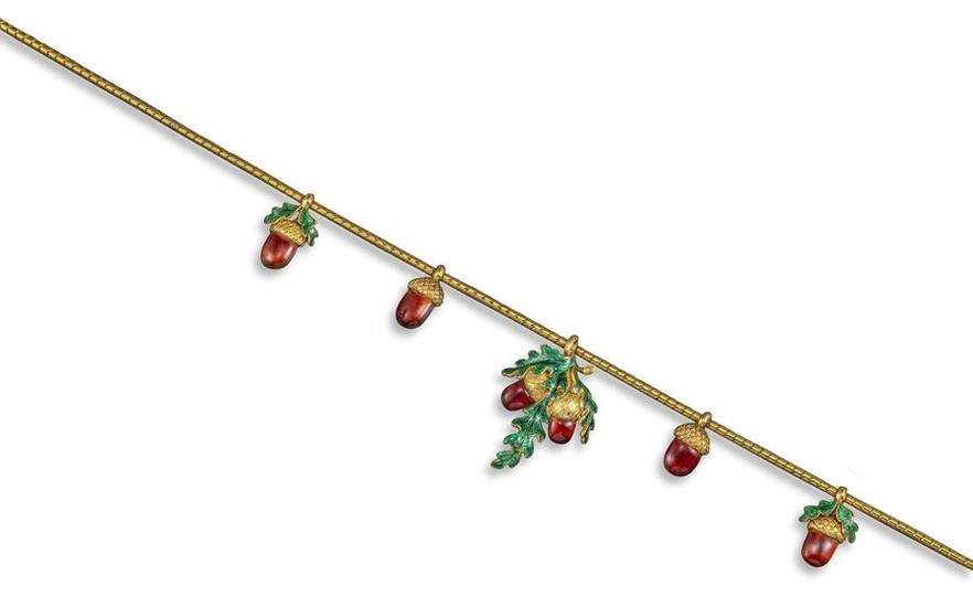 A Victorian gold and enamel acorn necklace, the...