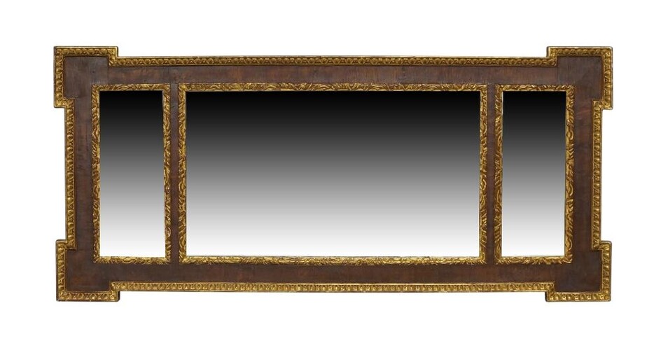 A Victorian parcel gilt yew wood sectional mirror, with egg and dart border, 51cm x 112cm Provenance: The Geoffrey and Fay Elliot collection.