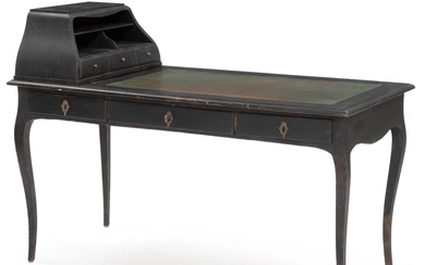 A black-painted Swedish Rococo desk with cartonnier and leather top. Ca. 1760....