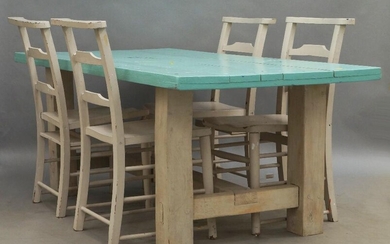 A blue and grey painted child's table, 20th Century, the rectangular three plank top on square section supports, 62cm high, 160cm wide, 80cm deep, together with four grey painted chairs (5)