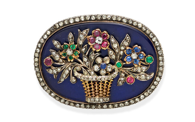 A blue enamel, diamond and gem-set silver-topped gold brooch