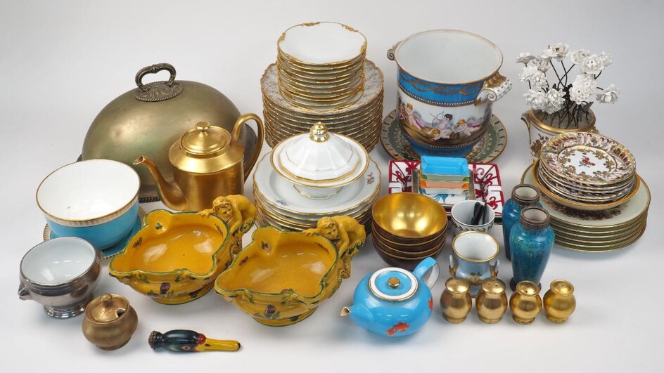 A collection of Continental ceramic wares, 20th century, comprising: twelve Limoges shallow bowls, printed marks to base T. V. France, eleven Limoges side plates with gilt borders, printed marks for Jean Pouyat, a small Limoges twin-handles vase, a...