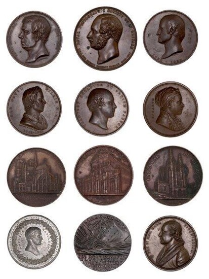 A collection of commemorative medallions and coins, medallions include: four bronze medals, Notre Dame Cathedral; Burgos Cathedral, Basilica,St Paulo and the Pantheon Paris; William Hogarth Art Union of London 1848 (L.Wyon);bronze Medallion, David...