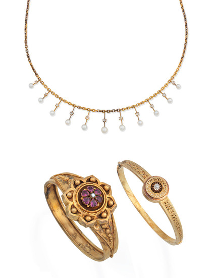 A diamond bangle, a garnet bangle, and a seed pearl, pearl and diamond necklace,, late 19th century