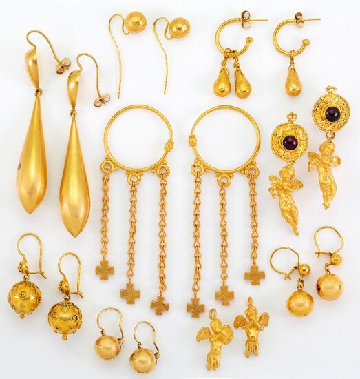 A group of eight pairs of earrings, comprising: one pair in the Etruscan revival taste suspending a pair of winged amorini to disc surmounts with a pair of additional winged amorini pendants; four pairs of spherical design; one pair of tapering...