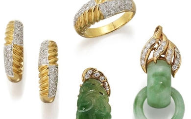 A group of jewellery, comprising: a pave diamond ring of half-hoop fluted design; a pair of matching diamond earrings; two jadeite jade and diamond pendants (4) Please note that the jade has not been tested for natural colour origin.