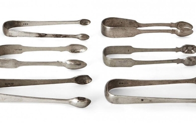 A group of six monogrammed Georgian silver sugar tongs, comprising a pair of George IV tongs, Newcastle, c.1820, John Walton; a pair of George III tongs with reeded edge, c.1797, William Eley & William Fearn; and a further four examples, various...