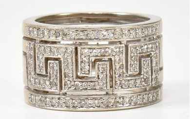 A hallmarked 9ct white gold and diamond Greek key band ring....