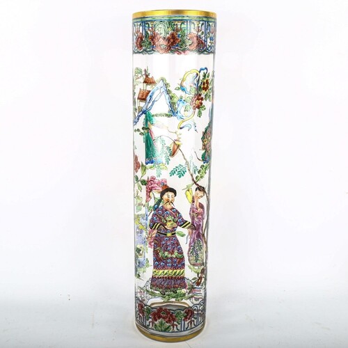 A large Chinese clear glass cylinder vase, with hand painted...