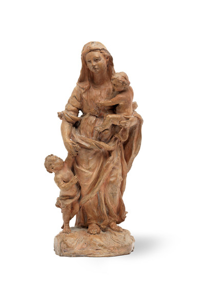 A late 18th century Italian terracotta figural group of the Virgin and child and infant John the Baptist