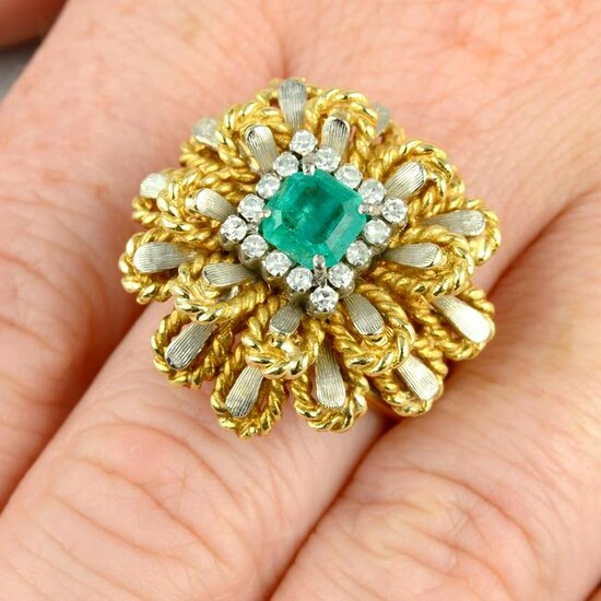 A mid 20th century emerald and diamond bi-colour floral