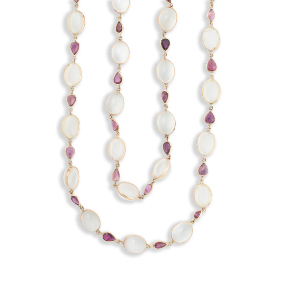 A moonstone, ruby and fourteen karat gold convertible necklace