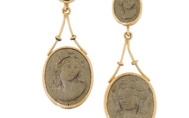 A pair of 19th century gold mounted lava cameo earrings and a 19th century gold, citrine and half-pearl brooch, the earrings composed of oval panel drops carved to depict the head and shoulders of a classical lady, to tapered openwork suspensions...