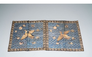 A pair of Chinese gold-thread-embroidered silk 'rank badges'...