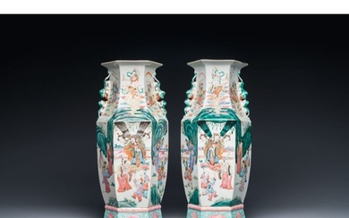 A pair of Chinese hexagonal famille rose vases, 19th C. H.: ...