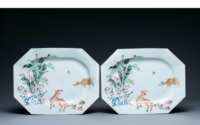 A pair of Chinese octagonal famille rose 'water buffalo' dis...