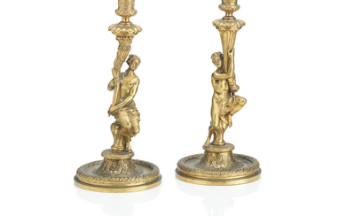 A pair of French ormolu candlesticks, after a model by...