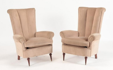 A pair of channel back upholstered club chairs C 1950. Ht: 41" Wd: 32" Dpth: 30"
