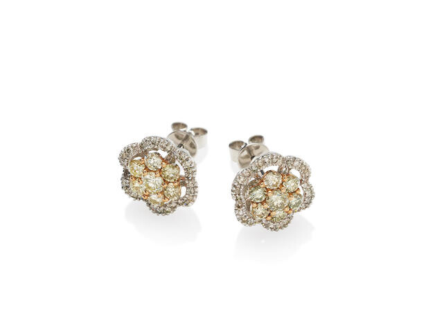 A pair of coloured diamond and diamond cluster ear studs