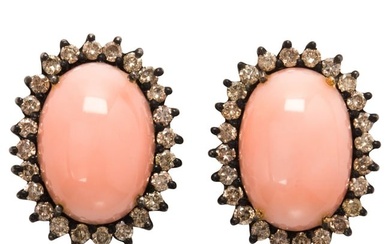 A pair of coral, diamond and silver earrings