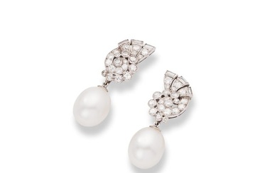 A pair of cultured pearl and diamond 'Day and Night' earrings