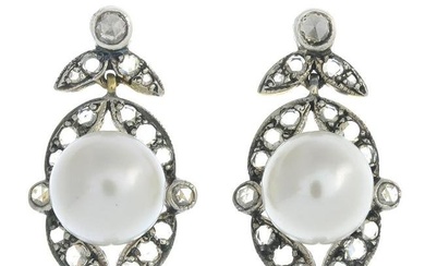 A pair of cultured pearl and rose-cut diamond
