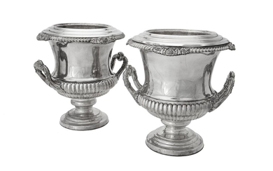 A pair of electro-plated campana urn shaped wine coolers