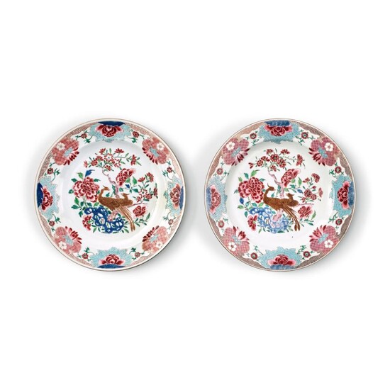 A pair of famille-rose 'bird and flower' chargers, Qing dynasty, 18th century | 清十八世紀 粉彩錦堂富貴圖大盤一對