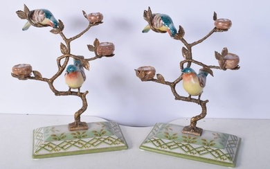 A pair of gilt metal and porcelain birds ornaments 26 x 19 cm (2).