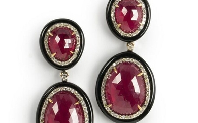 A pair of glass-filled ruby, diamond and black