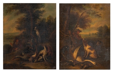 A pair of pendant paintings of hunting scenes, oil on canvas, 25 x 32 cm...
