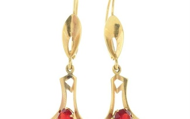 A pair of red paste accent drop earrings.