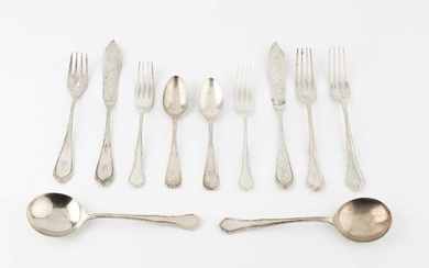 A part service of silver flatware, with shaped handles comprising...