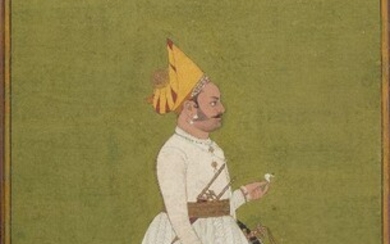 A portrait of a courtier, Bikaner school, India, circa 1800, opaque pigments on paper, shown facing right, wearing white robes and a yellow hat with jewelled band set back from his face, a sword, shield and dagger at his waist, mounted, glazed and...