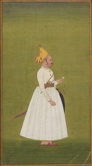 A portrait of a courtier, Bikaner school, India, circa 1800, opaque pigments on paper, shown facing right, wearing white robes and a yellow hat with jewelled band set back from his face, a sword, shield and dagger at his waist, mounted, glazed and...