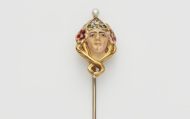 A probably American 14k gold enamel gem-set Art Nouveau pin.