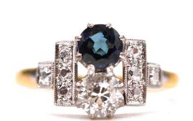 A sapphire and diamond two stone ring.