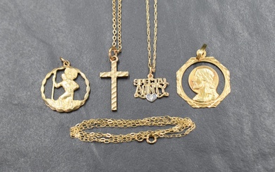 A selection of 9ct gold and yellow metal jewellery, comprising two Christian medallion pendants