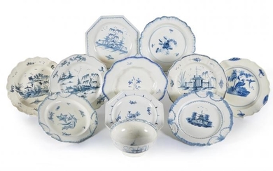 A selection of English blue and white chinoiserie creamware
