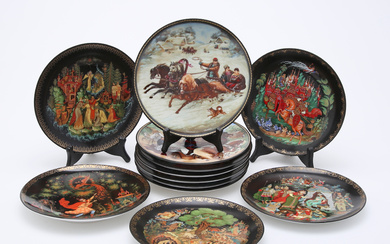 A set of 12 porcelain plates with fairytale motifs, Tianex, Russia, 1980s.