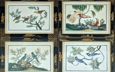 A set of four Chinese watercolours of birds on rice