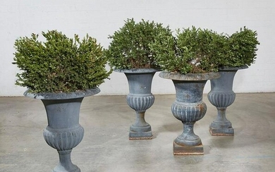 Four Restoration Hardware cast iron urns