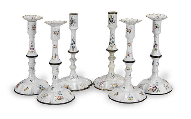 A set of six Staffordshire enamel candlesticks