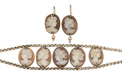 A shell cameo bracelet and matching earrings, the bracelet designed with five oval shell cameos carved in relief with classical female heads in profile to two cable link chains, approx. length 17cm, the oval shell cameo earrings with hook fittings...