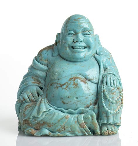A turquoise sculpture depicting a smiling Buddha. Dimensions 69.7 x...