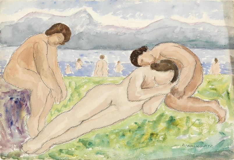 ABRAHAM WALKOWITZ Bathers (Three Nudes). Watercolor on paper, circa 1920. 383x545 mm; 15x22...